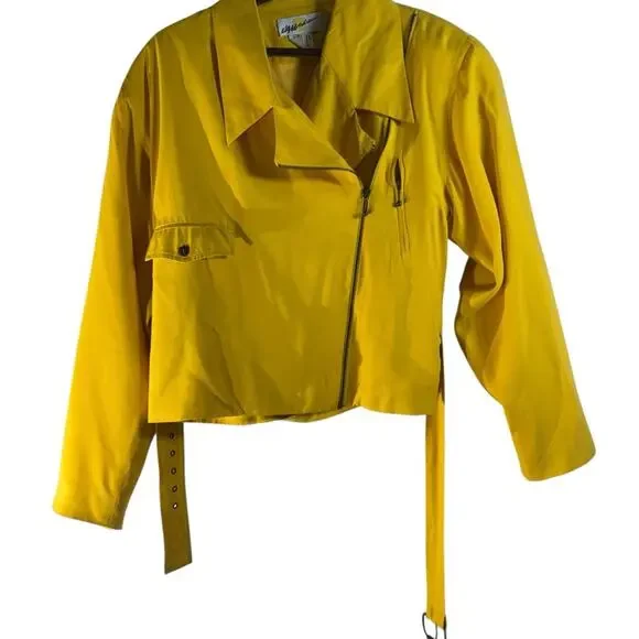 Vintage 80s Yellow Silk Moto Jacket Bold Shoulders Structured Hong Kong Made - Picture 14 of 15